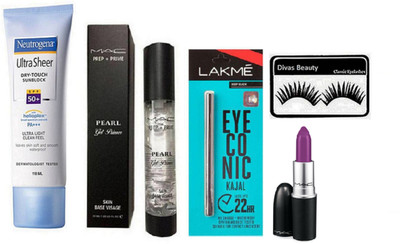 

divas beauty Eyelashes, Neutrogena Ultra Sheer Dry-Touch SPF 50+ Sunblock, Eyeconic Deep Black Kajal, Mac Prep+prime pearl Face Primer, Mac Heroine Lipstick Purple(Set of 5)