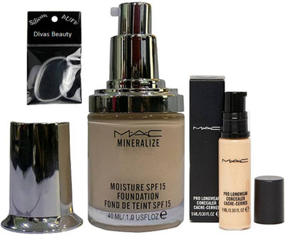 

divas beauty Silicon Puff & Mac Mineralize moisture Liquid Foundation & mac Pro Longwear Concealer(Set of 3)