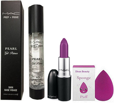 

divas beauty Silicon Puff, Mac Prep+prime pearl Face Primer, Matte Finish Heroine Purple Shade Lipstick(Set of 3)