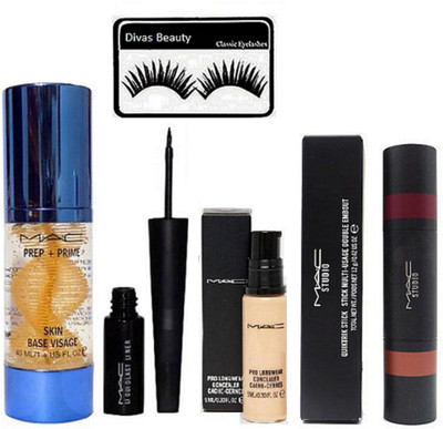 

divas beauty Eyelashes, Mac Prep+Prime Skin Base Visage Primer, Pro Long wear Concealer, LIquid Last Eyeliner, Mac Studio Quiktrik Stick Multi-Usage Double Embout(Set of 5)