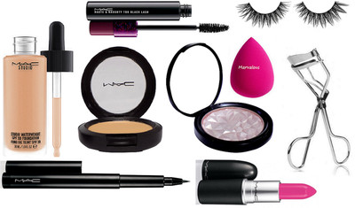 

Marvalous sponge puff , studio water weight liquid foundation , powder plus compact , makeup beauty powder plus illuminator , pen eyeliner , haute & naughty double effect mascara , matte finish pink lipstick , eyelash curler with eyelashes(Set of 9)