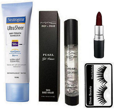 

divas beauty Eyelashes, Neutrogena Ultra Sheer Dry-Touch SPF 50+ Sunblock 118, Prep+Primer, Matte lipstick(Set of 4)
