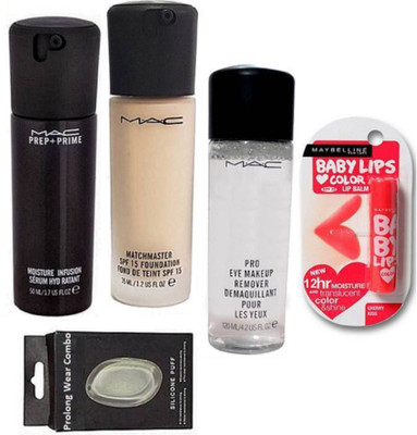 

Pro longwear combo Silicon Puff, Moisture Infusion Serum Hydratant 50 ml,Match master Foundation,Eyepro Makeup Remover,Lipbalm New York(Set of 5)