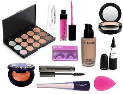 

Ultimate Eyelashes With Mac 15 Shade Concealer Palette With Hyper Real Foundation & stick kajal & Zoom lash mascara,liquid Eyeliner & Pink Shade blusher Studio Fix Compact With Sponge Puff & Maybelline pink Gloss & Eyelashes Glue(Set of 11)