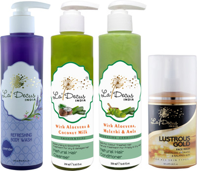 

La'Decus Complete Body Care Lavender Refershing Body Wash With Aloevara Shampoo And Conditioner And Free Lustrous Gold Face Wash For Women And Men(Set of 4)
