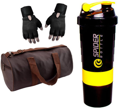

Snipper Combo Of Leatherite Brown Gym Bag with Side Pocket , Black Gloves and Yellow Spider Shaker Gym & Fitness Kit