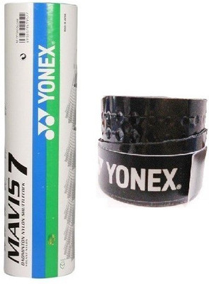 

Yonex Combo of two- One 'Mavis 7' Nylon Shuttle cock (Pack of 6) and One Badminton Grip (Color On Availability) Badminton Kit