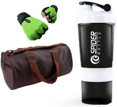

Snipper Combo Of Leatherite Brown Gym Bag With Side Pocket , Green Gloves and White Spider Shaker Gym & Fitness Kit