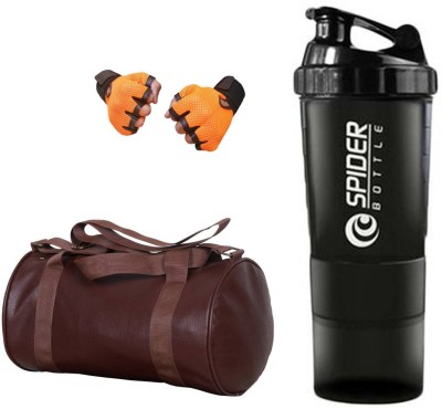 Snipper Combo Of Leatherite Brown Gym Bag , Orange Gloves and Black Spider Shaker Fitness Accessory Kit Kit