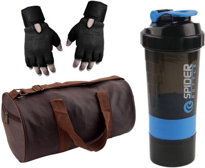 

Snipper Combo Of Leatherite Brown Gym Bag with Side Pocket , Black Gloves and Blue Spider Shaker Gym & Fitness Kit