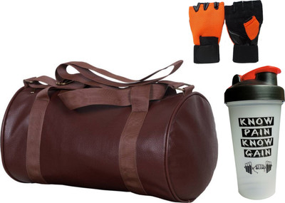 

S.Blaze COMBO OF BROWN LEATHER GYM BAG + RED 650ML KNOW PAIN KNOW GAIN SHAKER BOTTLE + ORANGE GYM GLOVES FOR GYM & FITNESS FOR MEN'S / WOMEN'S / BOY'S / GIRL'S Gym & Fitness Kit