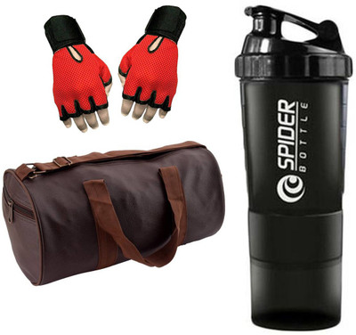 

Snipper Combo Of Leatherite Brown Gym Bag With Side pocket , Red Gloves and black Spider Shaker black Gym & Fitness Kit
