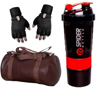 

Snipper Combo of Leatherite Brown Gym Bag , black Gloves and Red Spider Shaker Gym & Fitness Kit