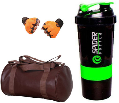 

Snipper Combo Of Leatherite Brown Gym Bag , Orange Gloves and Green Spider Shaker Gym & Fitness Kit