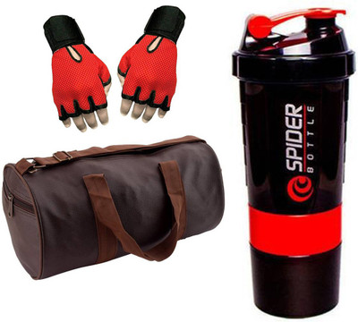 

Snipper Combo Of Leatherite Brown Gym Bag with Side Pocket , Red Gloves and Red Spider Shaker Gym & Fitness Kit