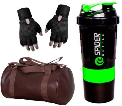 

Snipper Combo Of Leatherite Brown Gym Bag , black Gloves and Green Spider Shaker Gym & Fitness Kit