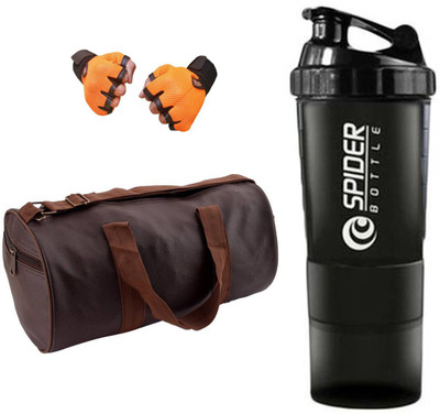 

Snipper Combo of Leatherite Brown Gym Bag With Side pocket , Orange Gloves Spider Shaker black Gym & Fitness Kit