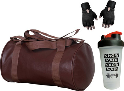 

S.Blaze COMBO OF BROWN LEATHER GYM BAG + RED 650ML KNOW PAIN KNOW GAIN SHAKER BOTTLE + BLACK GYM GLOVES FOR GYM & FITNESS FOR MEN'S / WOMEN'S / BOY'S / GIRL'S Gym & Fitness Kit