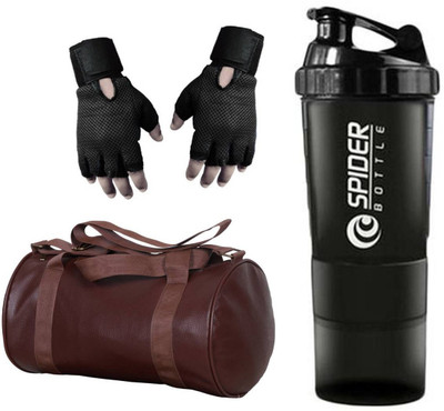 

Snipper Combo Of Leathrite Brown Gym Bag Black, Gloves and Black Spider Shaker Gym & Fitness Kit
