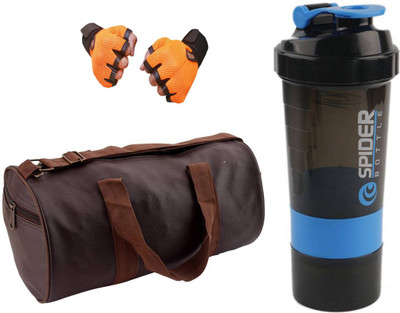 

Snipper Combo Of Leatherite Brown Gym Bag with Side Pocket , Orange Gloves and Blue Spider Shaker Gym & Fitness Kit