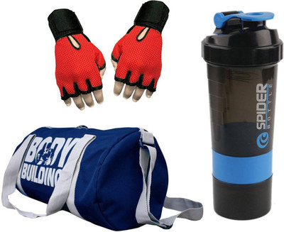 

Snipper Combo of Bodybuilding Blue Bag , Gloves Red And Spider Shaker Blue Gym & Fitness Kit