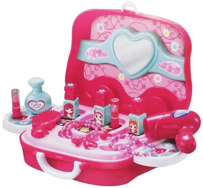

RIANZ Make up Toy 19 Pcs Set for Baby Girl Plastic Hair Dryer Comb Cosmetics Jewelry Pretend Play Children's Small Suitcase