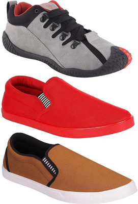 

Chevit Combo Pack of 3 Casual & Sports Shoes (Loafers Shoes) Running Shoes For Men (Grey, Red, Tan) Canvas Shoes For Men(Multicolor