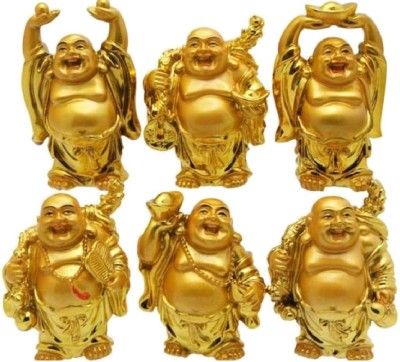 Gift Decor Shop buddha feng shui laughing buddha 6 pieces set laughing buddha for money and wealth for home / Office -laughing buddha set of 6 ( Golden, 5 Inch ) Decorative Showpiece  -  5 cm(Polyresin, Gold)