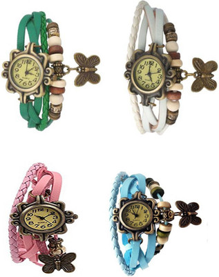 

Mettle Combo Latest Fancy Leather Hand Knit Vintage Watches Dress Bracelet Women Girls Ladies Clover Pendant Retro ( Pack Of 4 )MT-85 Watch - For Women