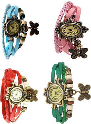

Mettle Combo Latest Fancy Leather Hand Knit Vintage Watches Dress Bracelet Women Girls Ladies Clover Pendant Retro ( Pack Of 4 )MT-172 Watch - For Women