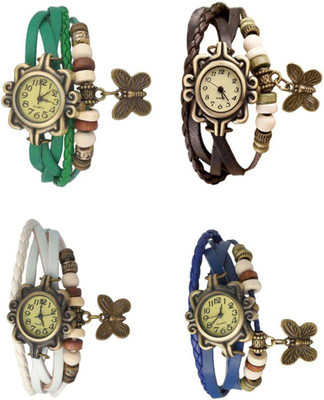 

Mettle Combo Latest Fancy Leather Hand Knit Vintage Watches Dress Bracelet Women Girls Ladies Clover Pendant Retro ( Pack Of 4 )MT-153 Watch - For Women