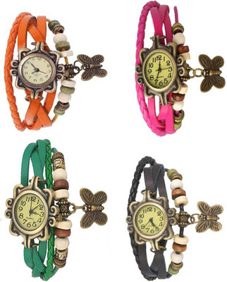 

Mettle Combo Latest Fancy Leather Hand Knit Vintage Watches Dress Bracelet Women Girls Ladies Clover Pendant Retro ( Pack Of 4 )MT-90 Watch - For Women
