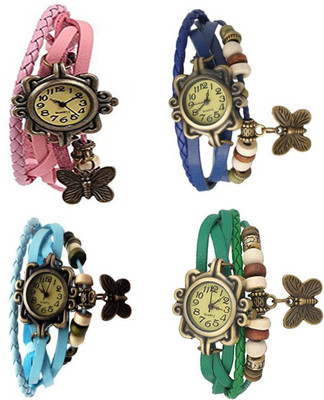 

Mettle Combo Latest Fancy Leather Hand Knit Vintage Watches Dress Bracelet Women Girls Ladies Clover Pendant Retro ( Pack Of 4 )MT-134 Watch - For Girls
