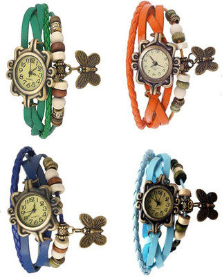 

Mettle Combo Latest Fancy Leather Hand Knit Vintage Watches Dress Bracelet Women Girls Ladies Clover Pendant Retro ( Pack Of 4 )MT-163 Watch - For Women