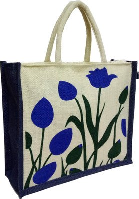 

styles creation Flower Print Designer Dark Blue Handicraft Jute Lunch Tiffin Handbag Waterproof Lunch Bag(Blue, 14 inch)