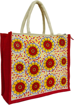 

styles creation Flower Print Designer Red Handicraft Jute Lunch Tiffin Handbag Waterproof Lunch Bag(Red, Beige, White, 14 inch)
