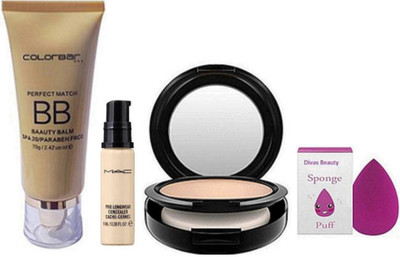 

divas beauty Sponge Puff & Mac Prolongwear Liquid Concealer & mac Studio Fix Compact, Colorbar BB Cream Foundation(Set of 4)