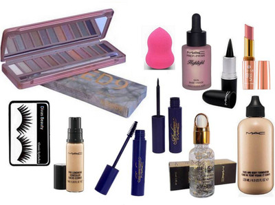 

divas beauty Eyelashes & Naked 9 Eyeshadow Palette & mac Padma Eyeliner & Mascara & mac Face And Body Foundation & mac Pro Longwear Concealer & mac Smoothing Face Primer & mac Skin Base Highligh, Stick Kajal & sponge puff & lakme 9 to 5 lipstick(Set of 11