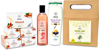 

Jiva Ayurveda Jiva Almond soap pack of 5 (100 Gm) || bhringraj 120 ml (120 Ml) ||Black Pearl 200 ml (200 Ml) || Hair Lep (100 Gm)(Set of 4)