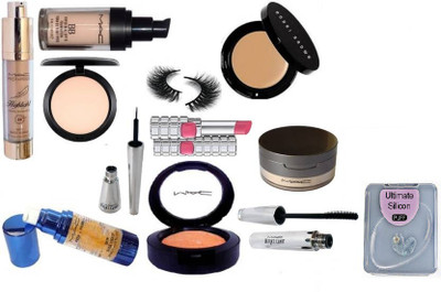 

Ultimate Silicon puff With bobbi brown Concealer & makeup remover With Mac Hyper real Foundation With brook candy Eyeliner With prep+prime primer & highlighter & pink shade blusher With Studio compact & face loose powder & matte finish lipstick(Set of 13)
