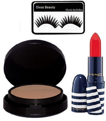 

divas beauty Eyelashes And Mac Matte Finish Lipstick Red, Powder Plus Foundation Studio Fix Pressed Powder compact(Set of 3)
