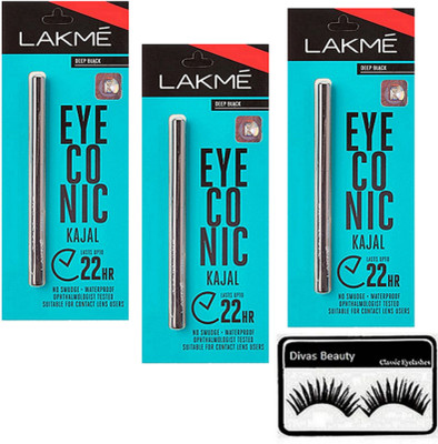 divas beauty eyelashes & eyeconic deep black kajal (set of 3)(Set of 4)