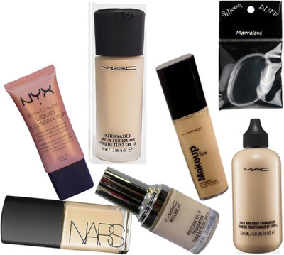 

Marvalous Silicon puff With Face And Body Foundation,Match master Foundation,Makeup 24h Foundation,Mineralize Foundation,NARS Liquid foundation,NYX Born to glow illuminator(Set of 7)