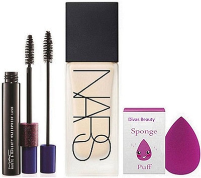 

divas beauty Sponge Puff, NARS All Day Luminous Liquid Foundation 30ml, Mac Haute & Naughty Long Lasting Black Mascara(Set of 3)