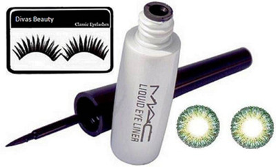 

divas beauty eyelashes & mac liquid last eyeliner & huda beauty Green Eye Contact Lense(Set of 3)