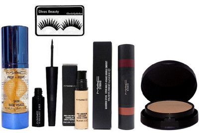 

divas beauty Eyelashes, Mac Prep+Prime Skin Base Visage Primer, Pro Long wear Concealer, LIquid Last Eyeliner, Studio Quiktrik Stick Multi-Usage Double Embout, Powder Plus Foundation Studio Fix Pressed Powder compact(Set of 6)