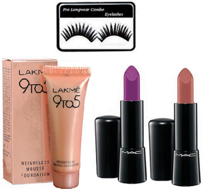 

Pro longwear combo Eyelashes, Mac Retro Matte Lipstick Set of 2, 9to5 Weightless Mousse Foundation(Set of 4)