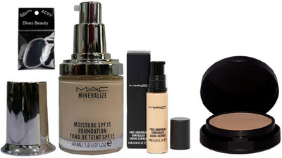 

divas beauty Silicon Puff & Mac Mineralize moisture Liquid Foundation & Pro Longwear Concealer, Powder Plus Foundation Studio Fix Pressed Powder compact(Set of 4)