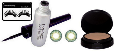 

divas beauty eyelashes & mac liquid last eyeliner & huda beauty Green Eye Contact Lense, Powder Plus Foundation Studio Fix Pressed Powder compact(Set of 4)