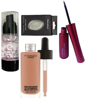 

Marvalous silicon puff , mac studio water weight foundation , liquid eyeliner with mac skin caviar primer(Set of 4)